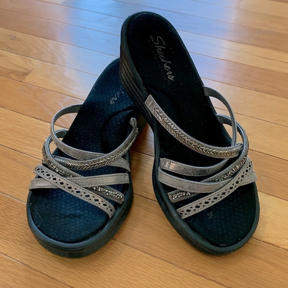 Sketchers Rumblers Wild Child Black Strappy Silver Studded Wedge Sandals